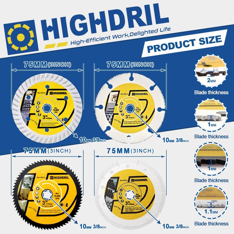 HIGHDRIL 3" 75mm Circular Saw Blade Set 4pcs - Diamond/HSS/Carbide Cutting Disc for Angle Grinder Cutting Concrete Metal Wood Plastic - Image 2